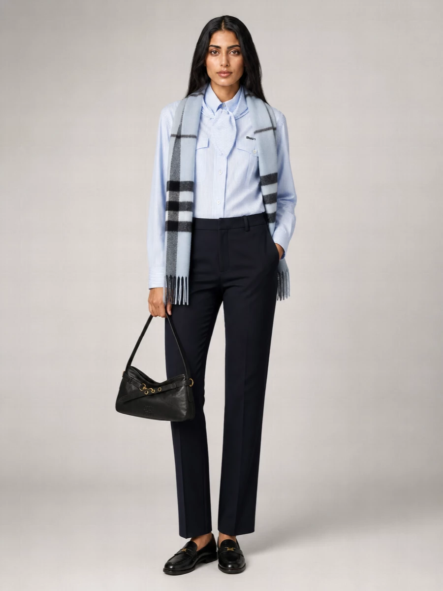 Miu Miu Striped Tie-Neck Long-Sleeve Cotton Shirt