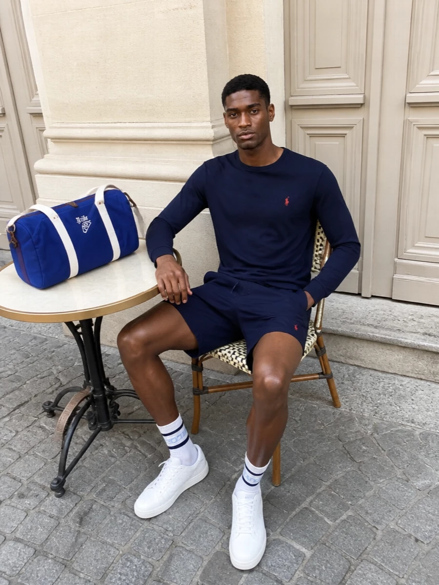 Polo ralph lauren navy tee white adidas sneakers