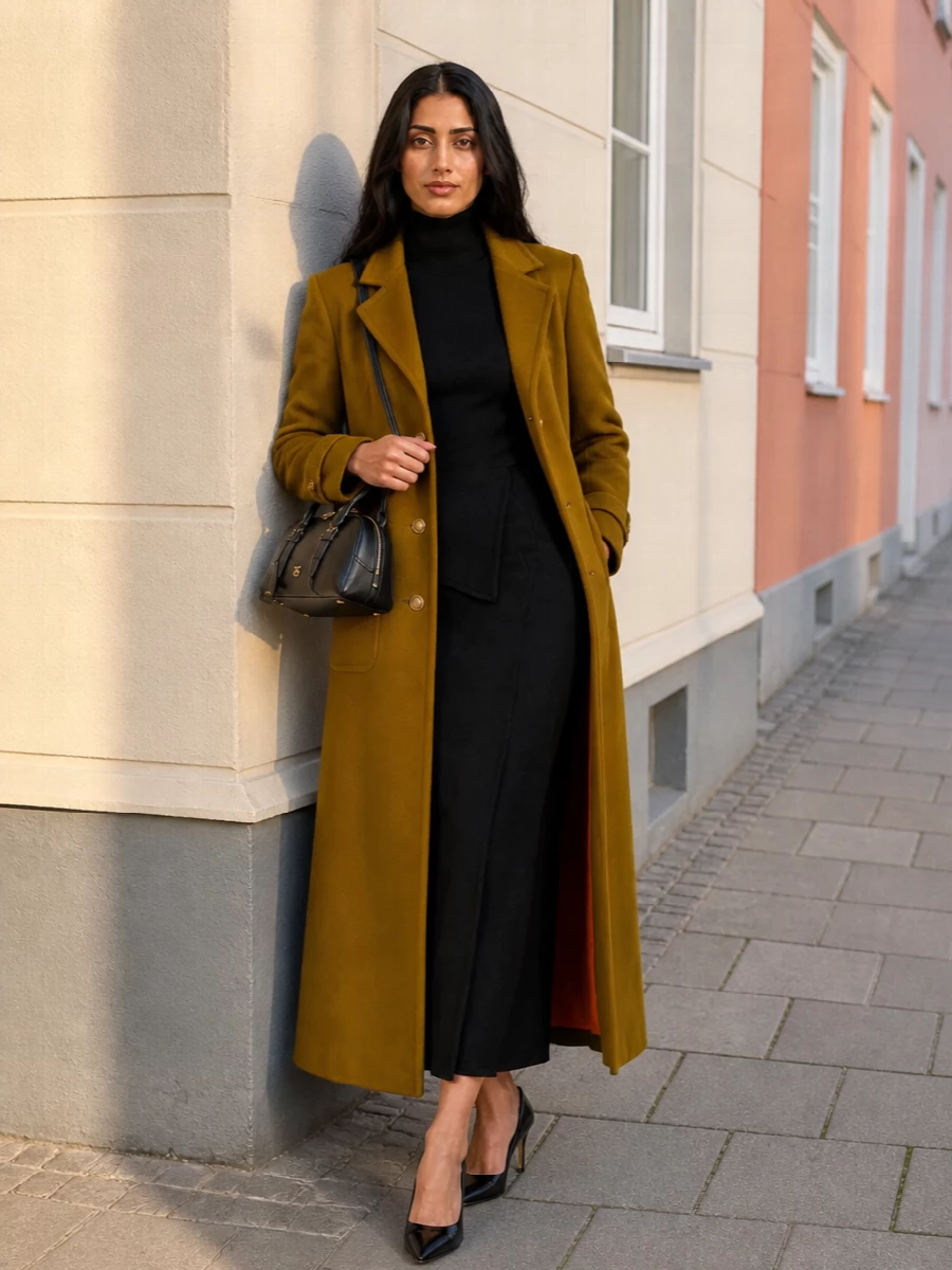 Pinko mustard coat parosh black knit midi dress