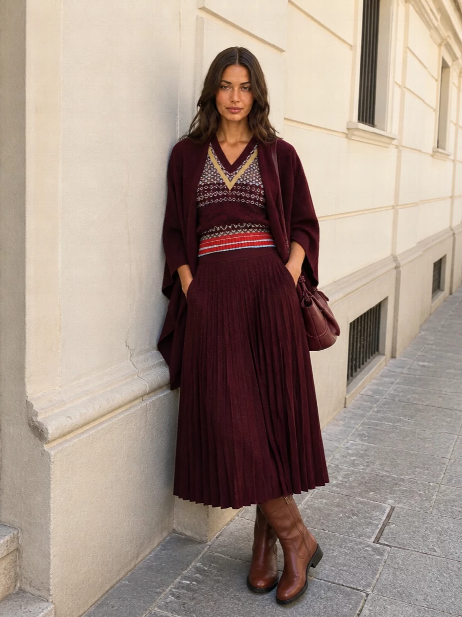 Dries van noten knit vest burgundy midi outfit
