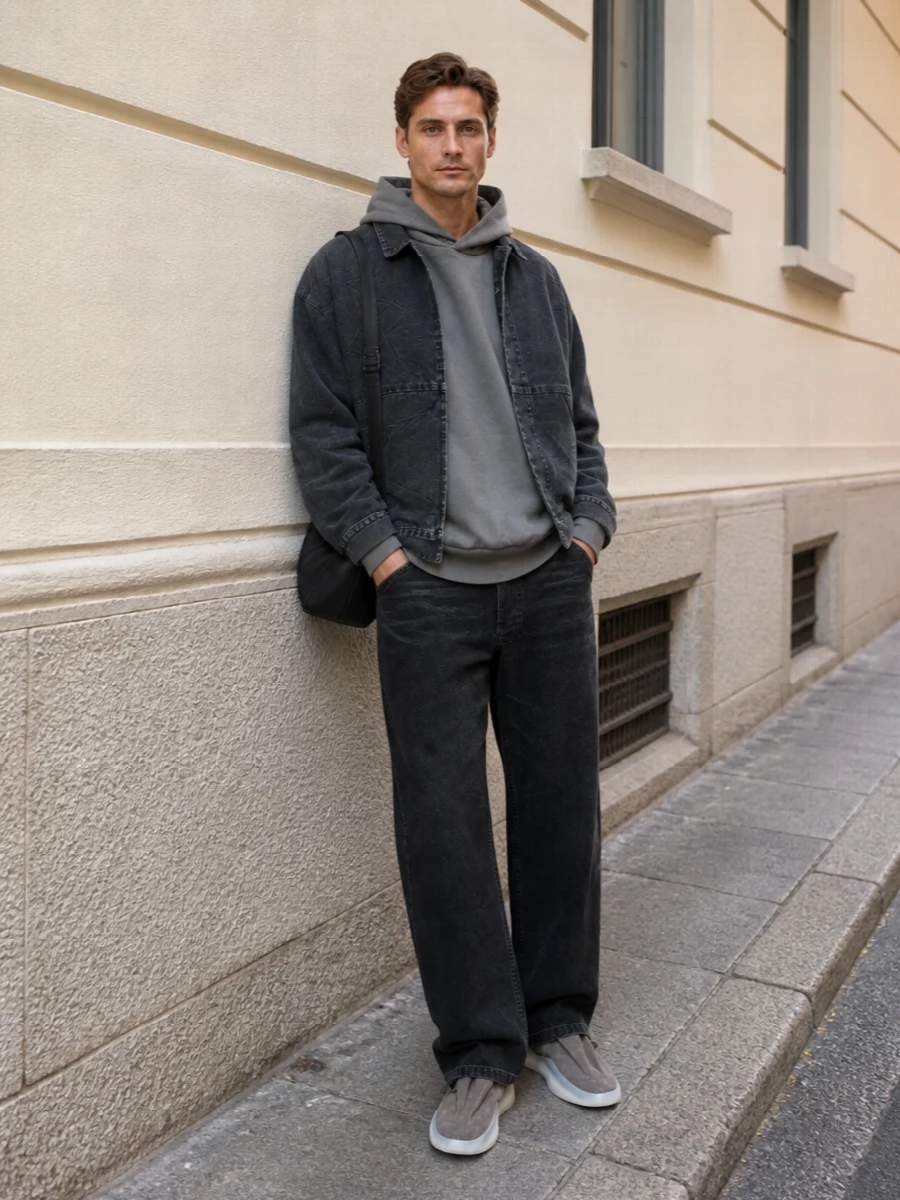 Fear of god denim jacket black jeans outfit