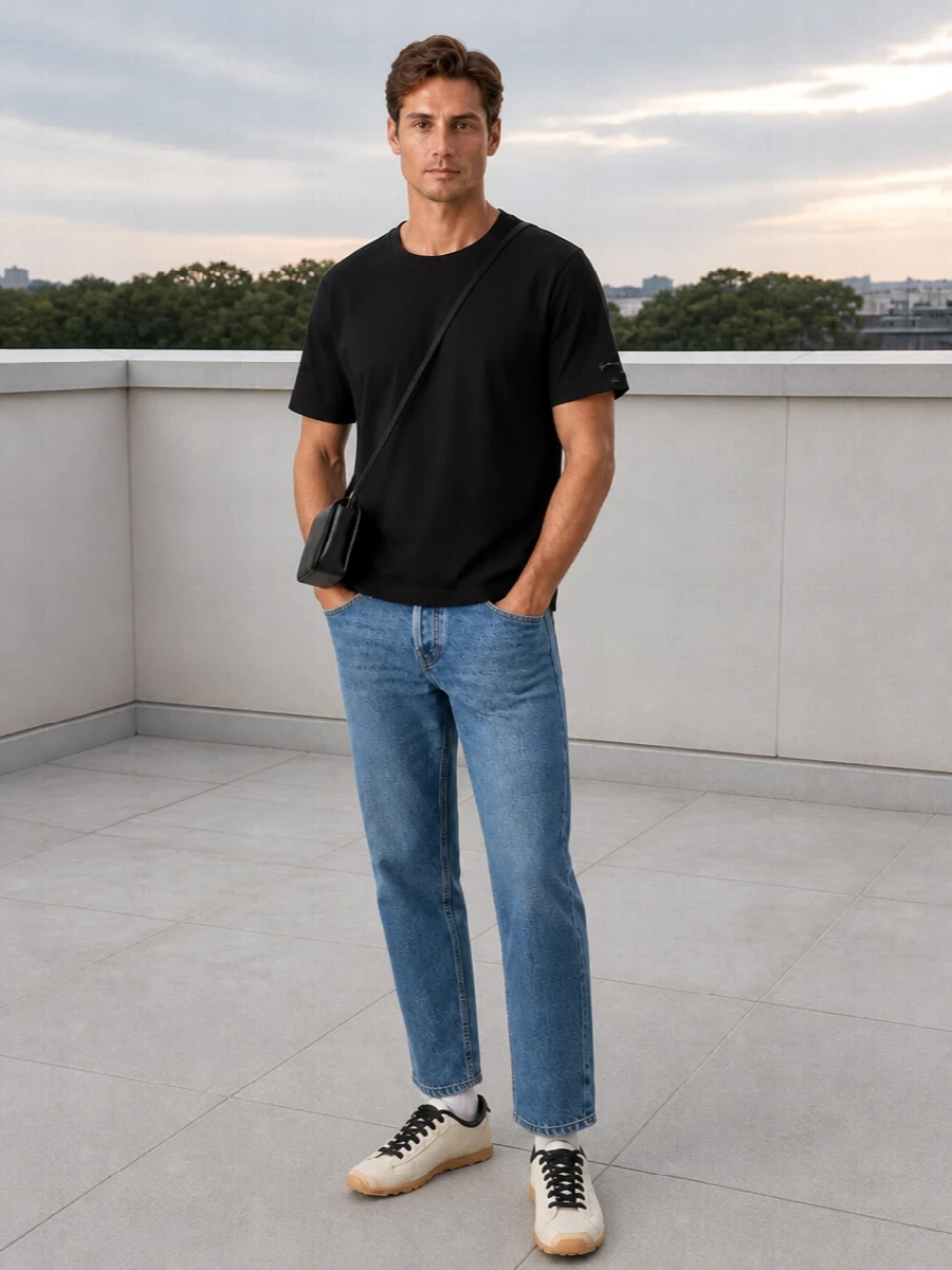 Jacquemus black tee mid wash jeans outfit