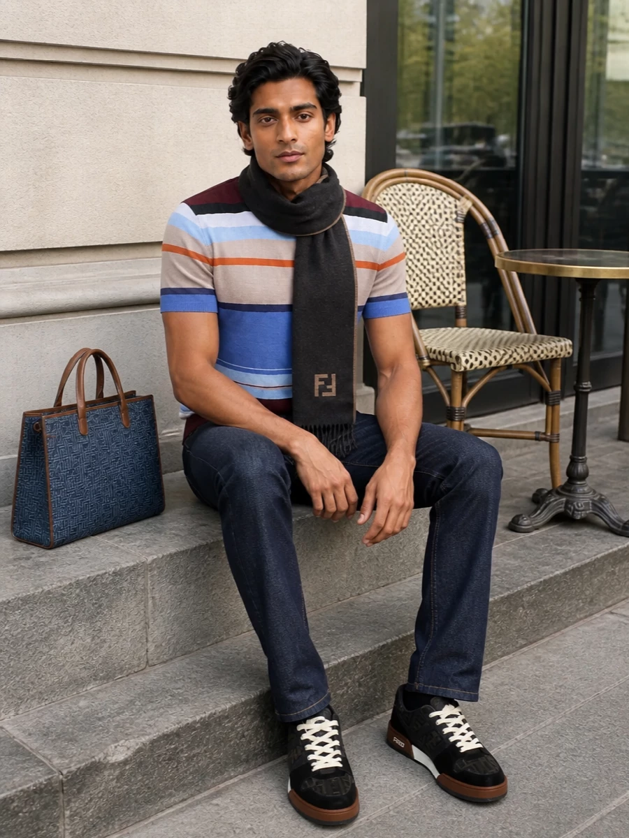 Fendi striped knit dark indigo jeans outfit