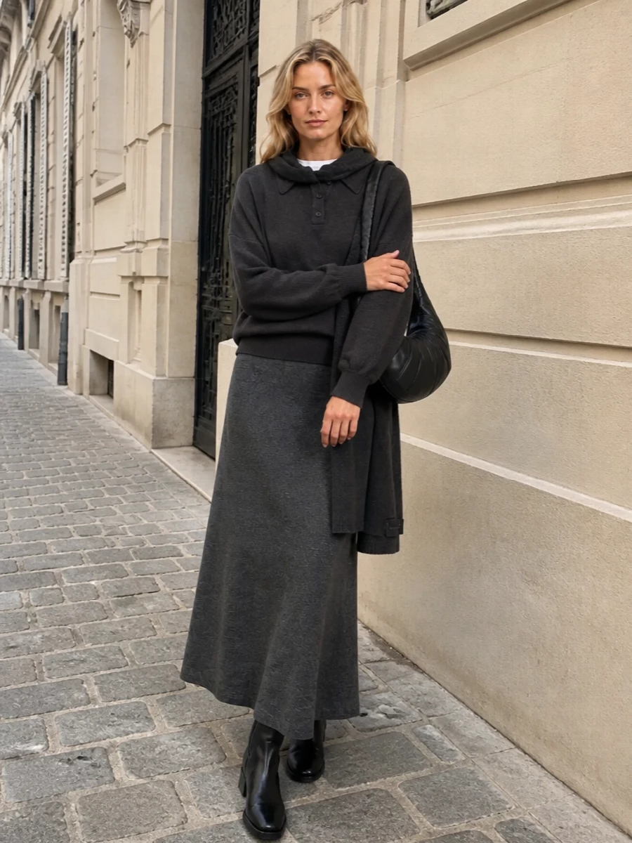 Lisa yang charcoal polo sweater knit maxi skirt
