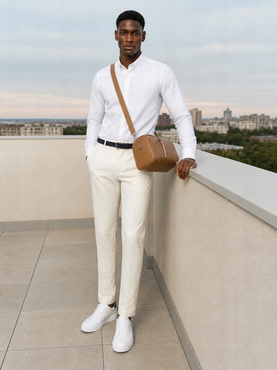 An off-white tailored trouser with the crisp Barbour shirt creates a bright, clean base that feels smart without being formal. White and navy sneakers keep the mood relaxed, while a tan leather crossbody and navy braided belt add subtle structure and warmth. The result is a polished summer outfit that moves easily from office to terrace drinks.