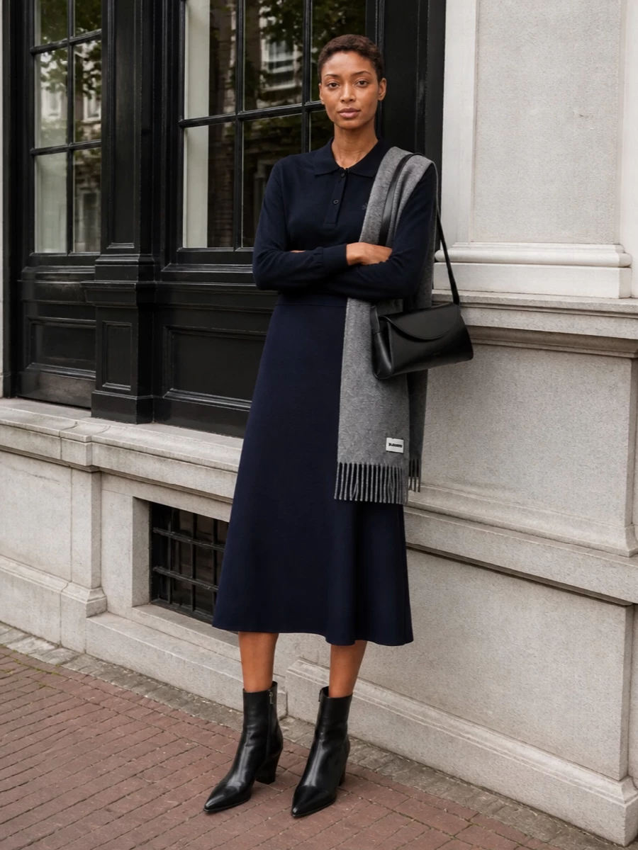 Jil sander navy polo a line midi outfit