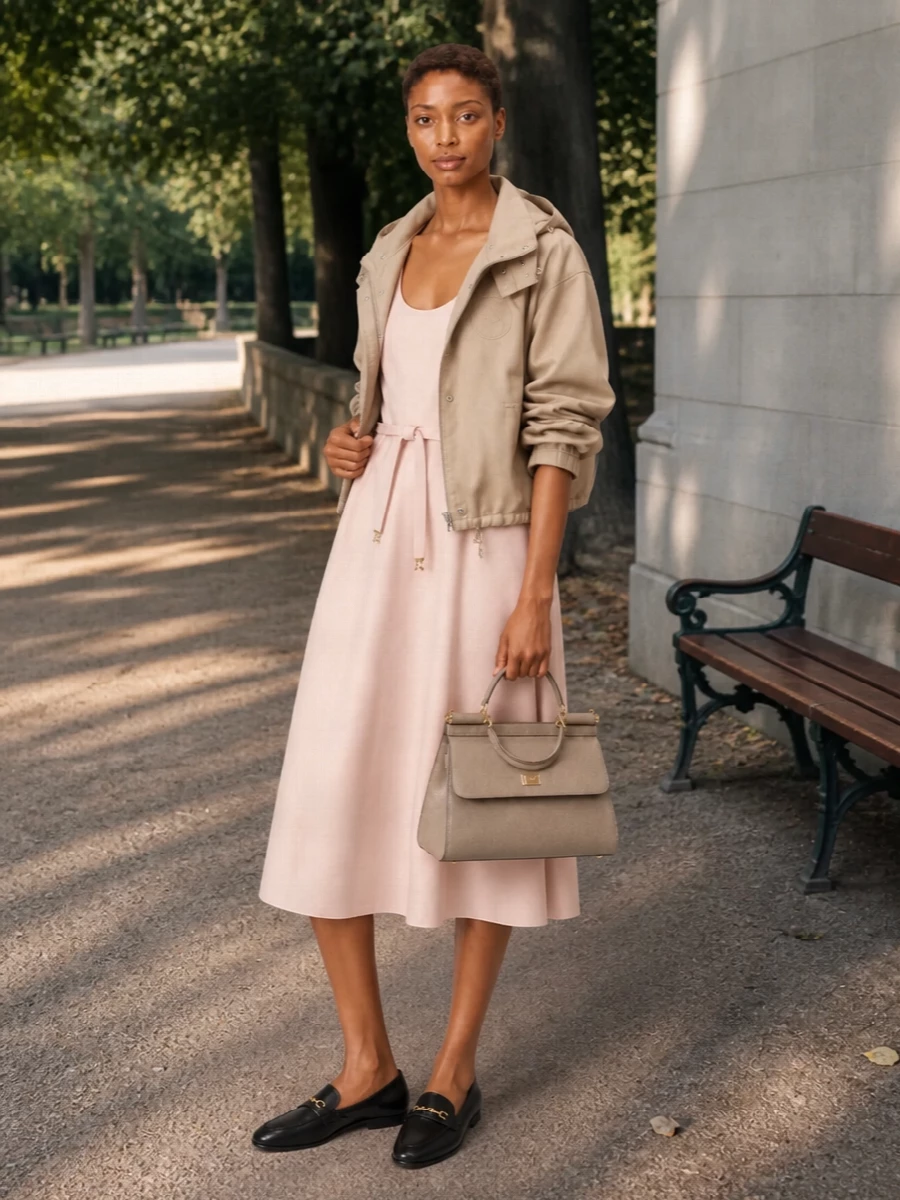 Dior blush midi dress black loafers outfit