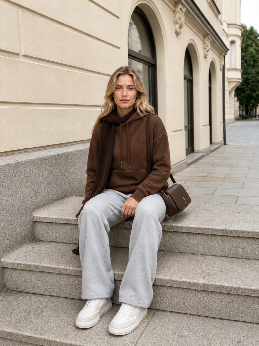Chestnut and soft grey keep this Ami hoodie set calm and understated, with off-white sneakers adding just enough lightness underfoot. A chocolate shoulder bag and matching scarf quietly repeat the brown tones, tying the palette together without breaking the relaxed, off-duty ease.