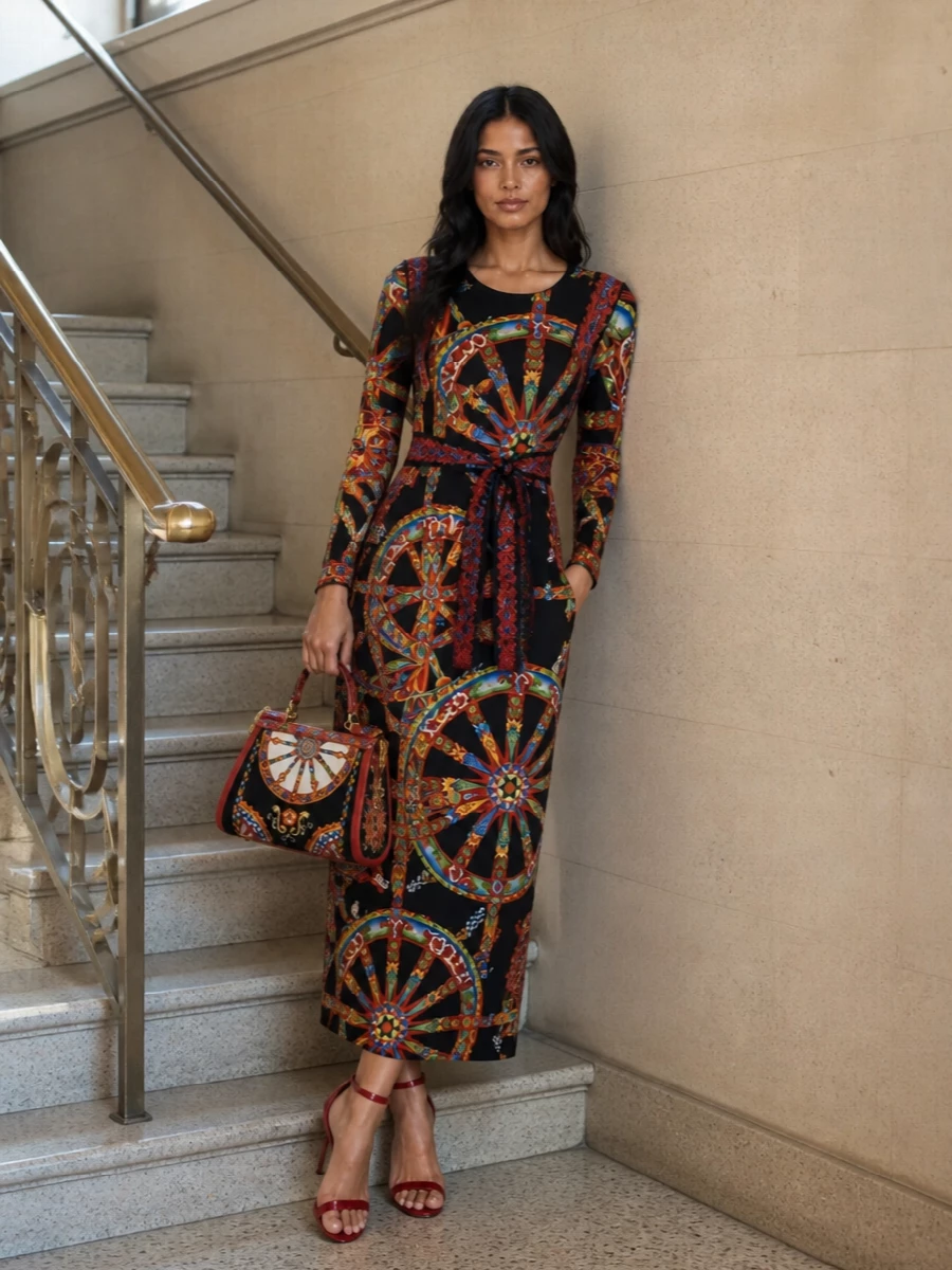 Dolce gabbana black cartwheel print maxi dress
