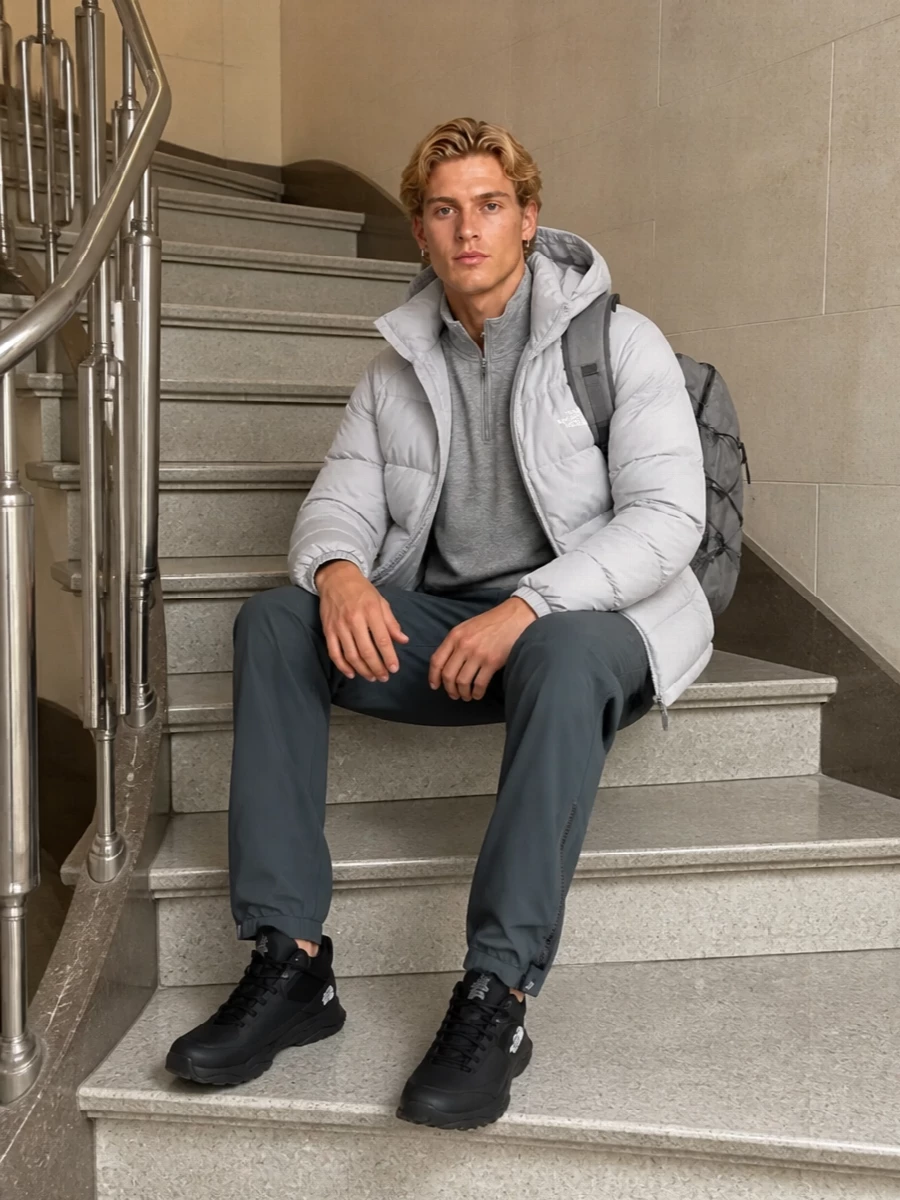 North face grey puffer trail sneaker outfit