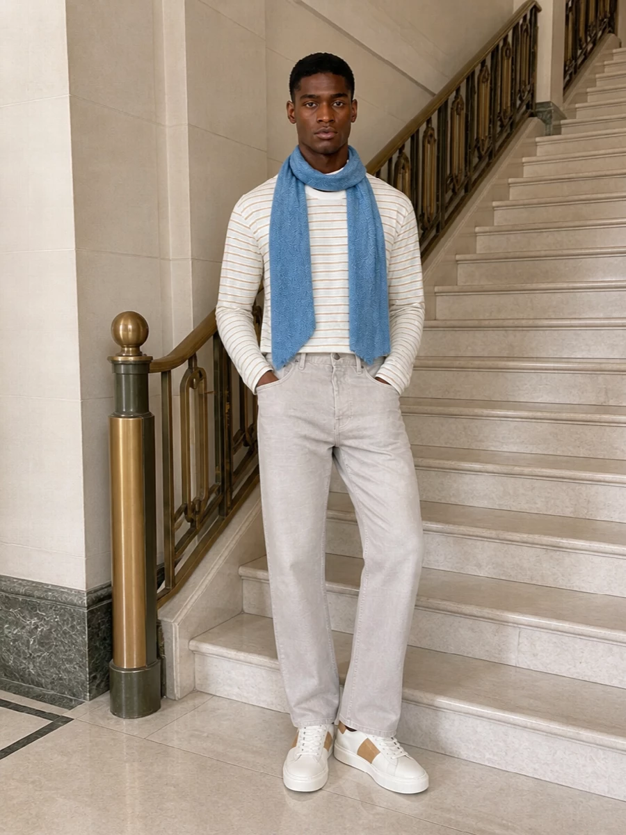 A soft-striped long-sleeve tee meets stone-beige denim for a calm, modern take on casual dressing. Neutrals in the sneakers and buttercream tote keep everything within a minimalist, sun-ready palette, while a dusty blue scarf adds just enough color tension to feel intentional. The proportions stay relaxed but clean, ideal for coffee runs, gallery afternoons or easy dinners without changing a thing.