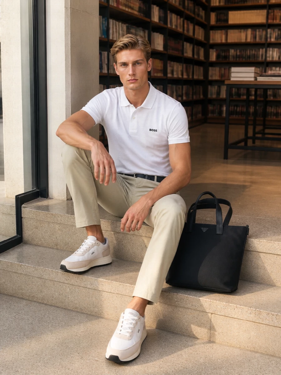 Boss polo beige chinos off white sneakers