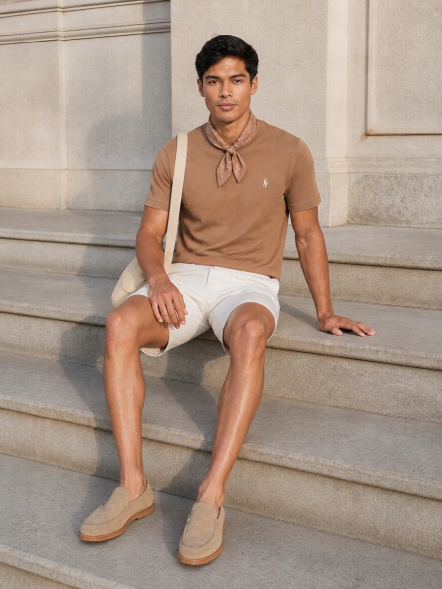 Camel, off-white and sand sit together here in a soft, sun-ready palette that feels relaxed but precise. The tailored chino short and suede loafers keep the mood quietly preppy rather than sporty, while the slim shoulder bag and small silk square add just enough structure for city terraces and coastal weekends alike.