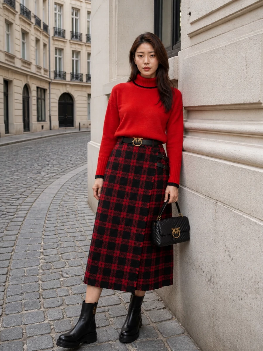 Pinko tartan wrap skirt red knit chunky boots