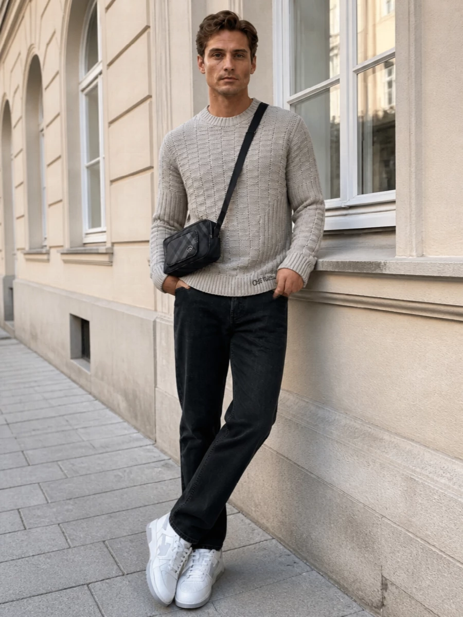 Off white taupe sweater black jeans sneakers