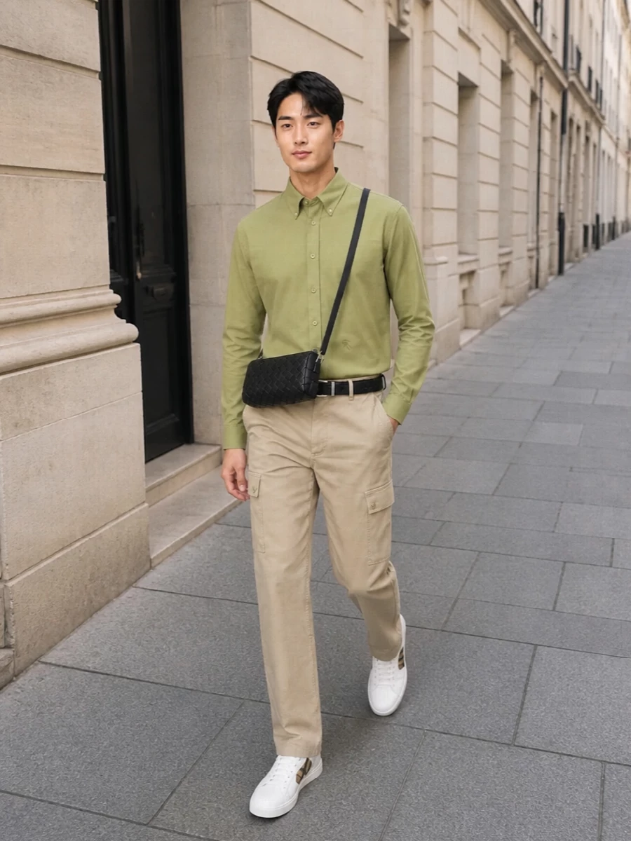 Burberry sage shirt beige cargo chinos outfit