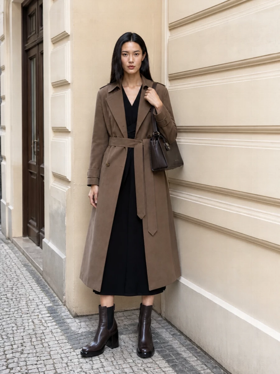 I chose the dress path to keep the trench’s belted line uninterrupted and create a long, tailored column in a strictly neutral palette. The black wrap midi, sculpted Chelsea boots and structured box bag read as intelligent city dressing, formal enough for serious days yet understated enough for quiet evenings. Everything works tonally around camel, black and deep brown, so the trench remains the anchor rather than just another layer of suiting.
