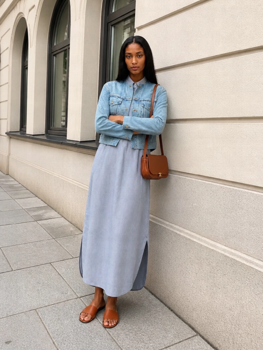 Celine denim jacket striped shirt dress outfit