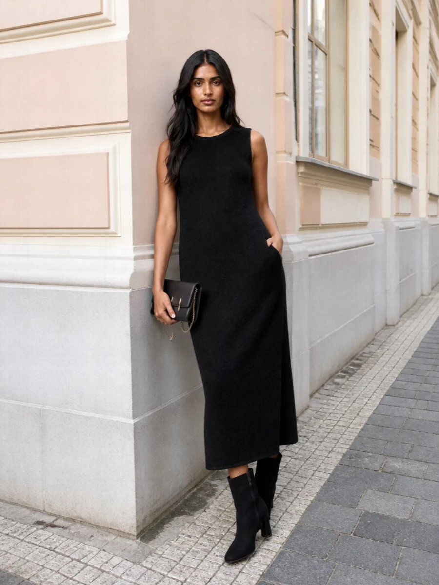 Here the ankle boots frame a pure black column in tactile Uma Wang, so the eye reads one continuous, sculpted line from shoulder to floor. Choosing the dress route over tailoring keeps the mood firmly in evening territory, letting texture and proportion do the work instead of multiple layers. The Louboutin clutch brings just enough gold hardware to catch the light without disrupting the calm, monochrome composition.