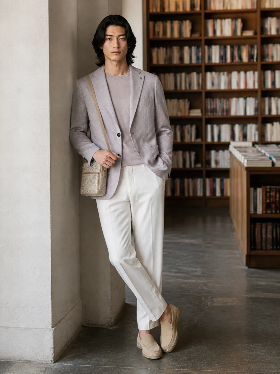 Tagliatore pink blazer off white trousers outfit