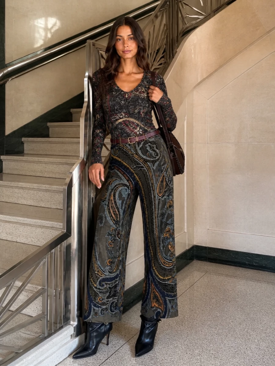 Etro paisley trousers black ankle boots outfit