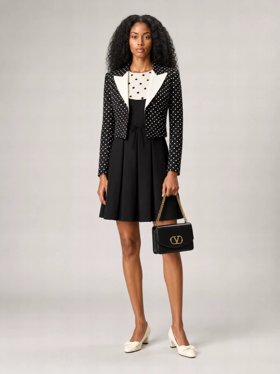 Valentino Polka-Dot Single-Breasted Cropped Blazer