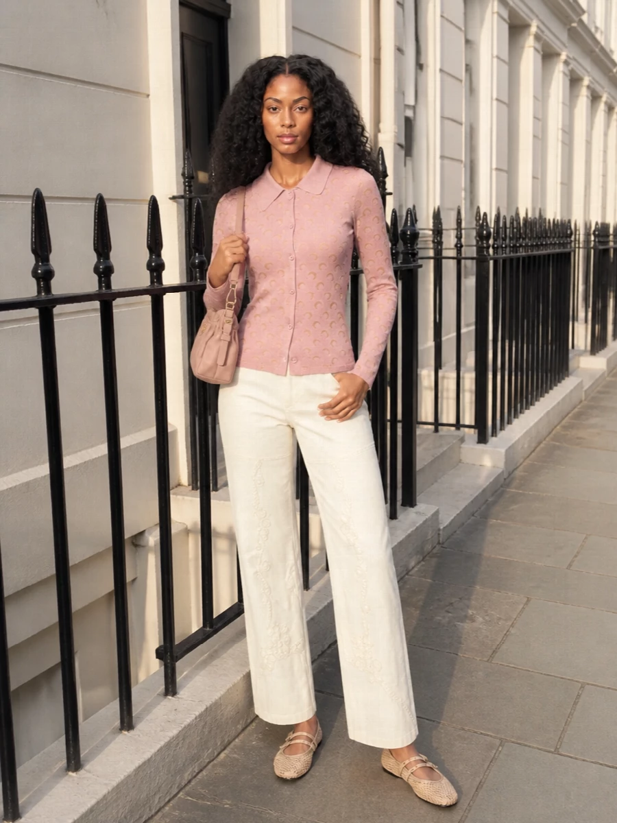 Marine serre cardigan ivory trousers prada bag