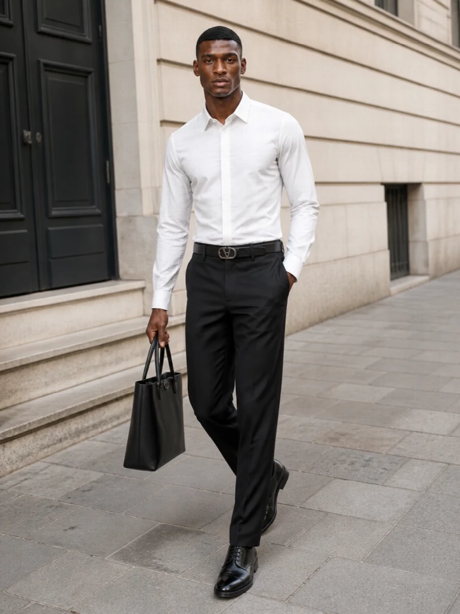Valentino black trousers white shirt outfit