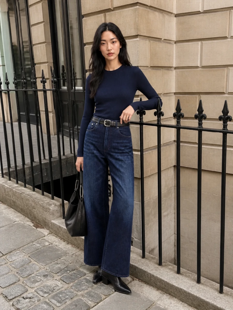 Dondup wide leg jeans navy knit black boots