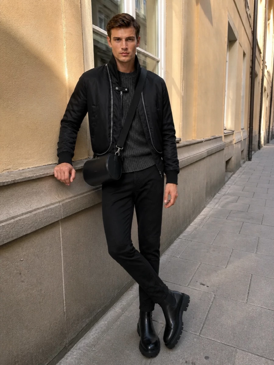 Alexander mcqueen black bomber outfit boots