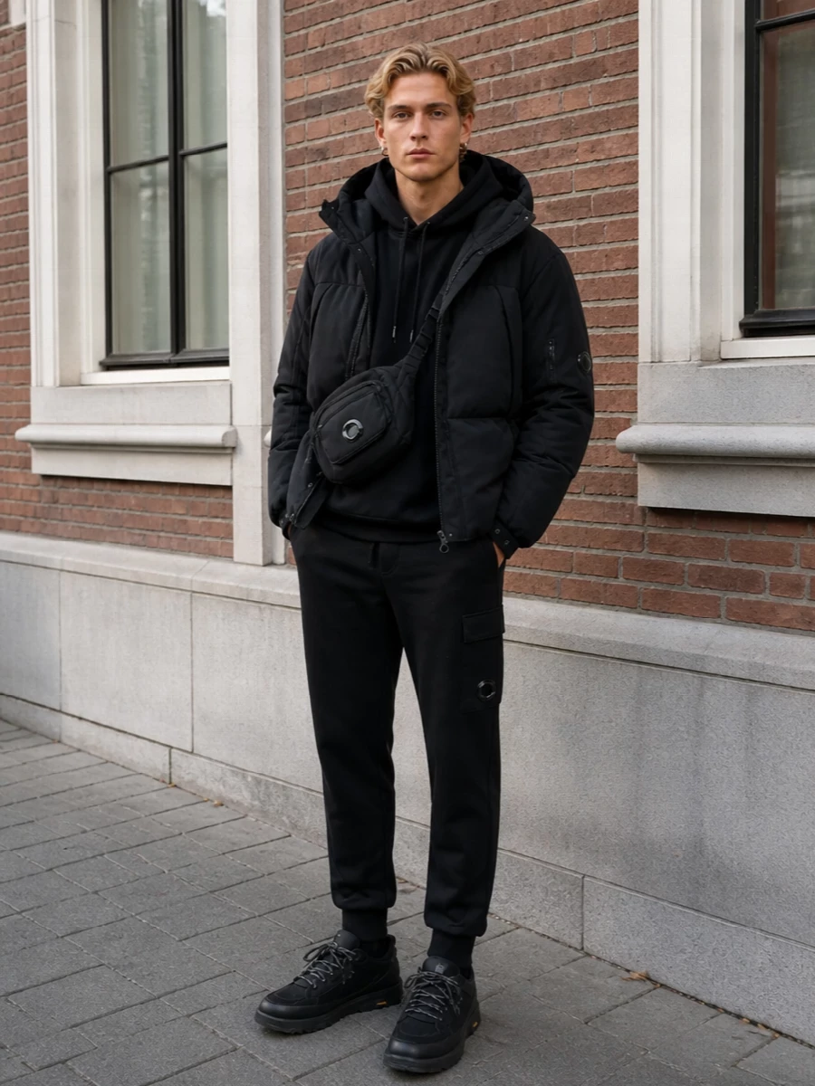 Cp company black utility hoodie outfit ugg sneakers