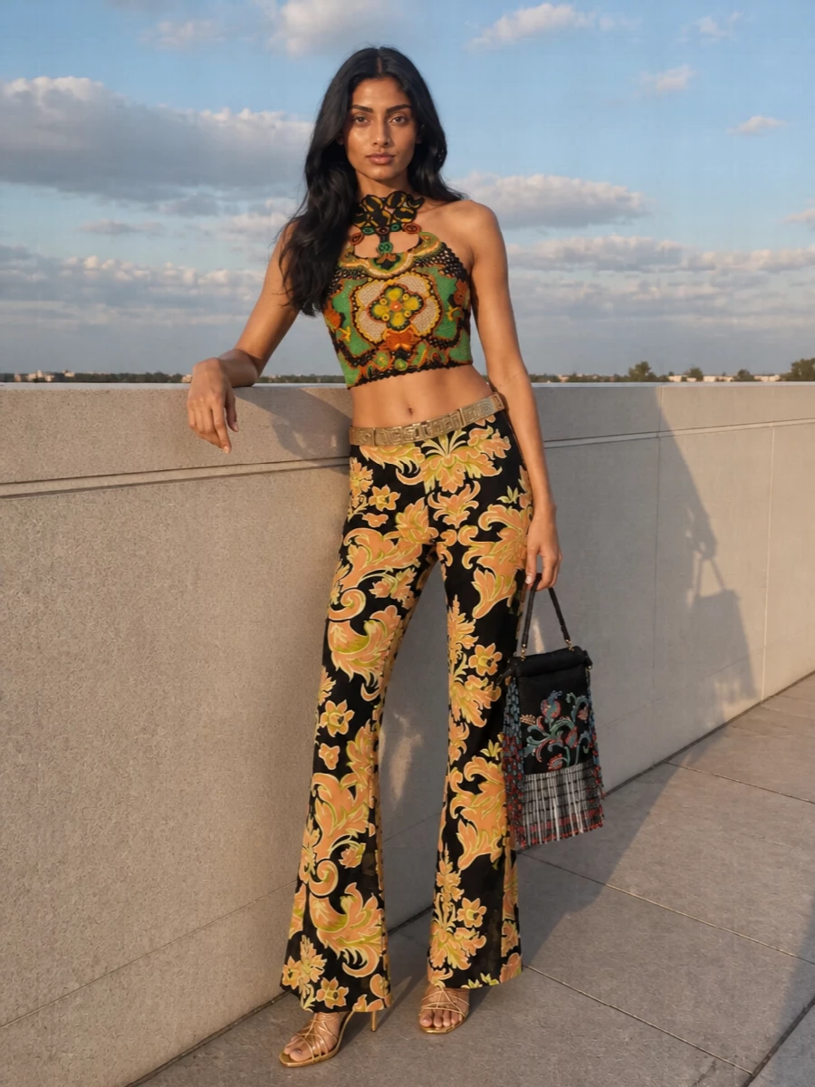 A full-throttle Etro moment: the crochet halterneck meets second-skin flares in matching black and citrus tones for a body-conscious, nightlife-ready statement. Metallic gold heels and a beaded micro-bucket keep the energy hedonistic yet precise, while the sculptural waist belt sharpens the waistline and frames all that pattern. It is bohemian, sensual and unapologetically high-summer party dressing.