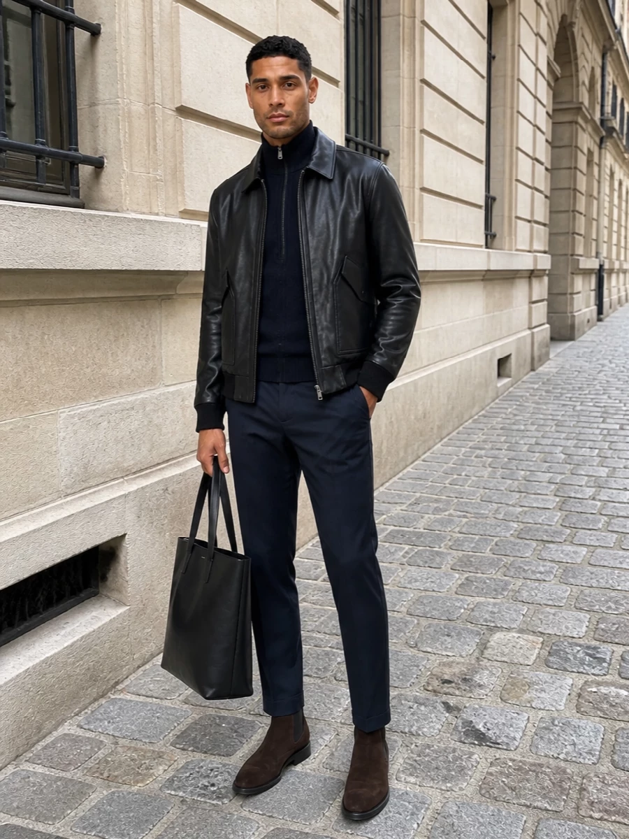 Boss leather bomber navy trousers outfit