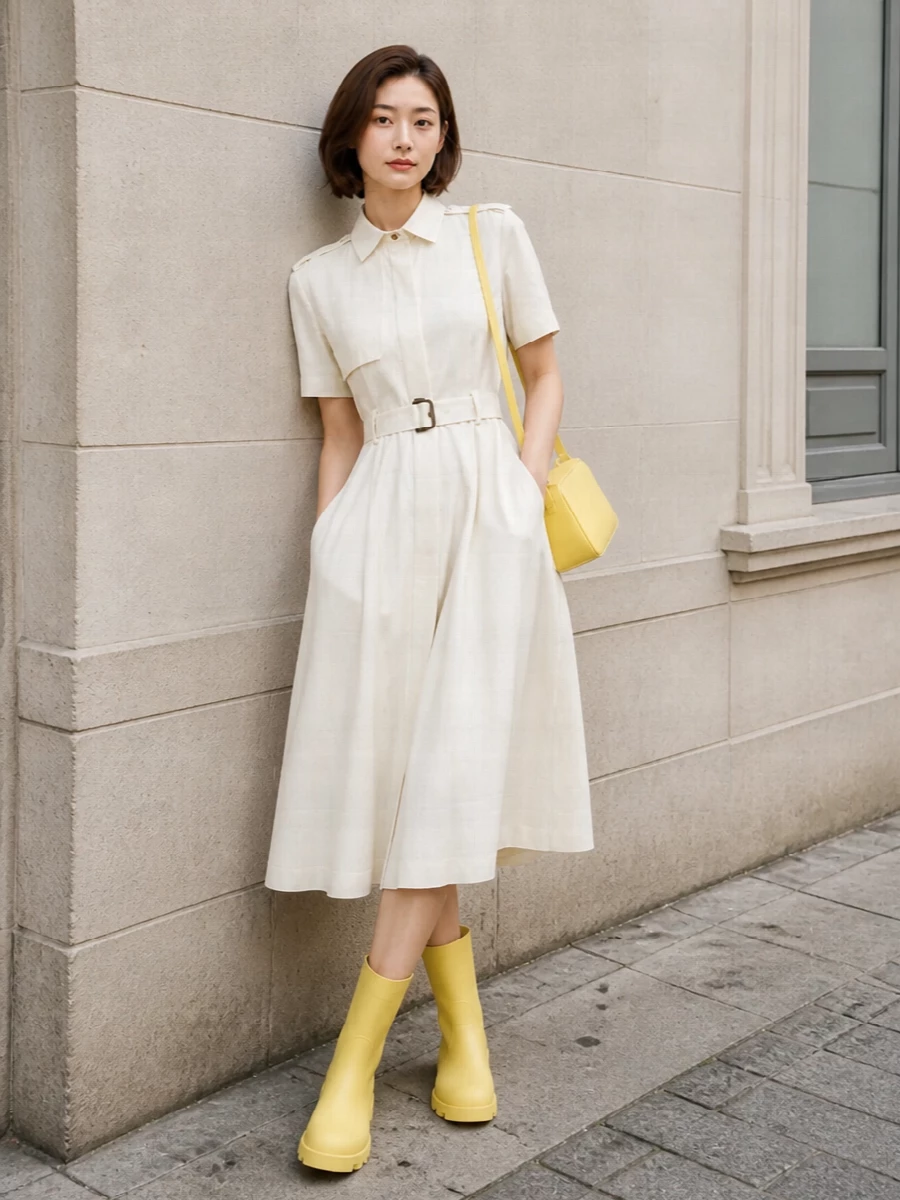 Ivory midi shirt dress yellow rain boots outfit