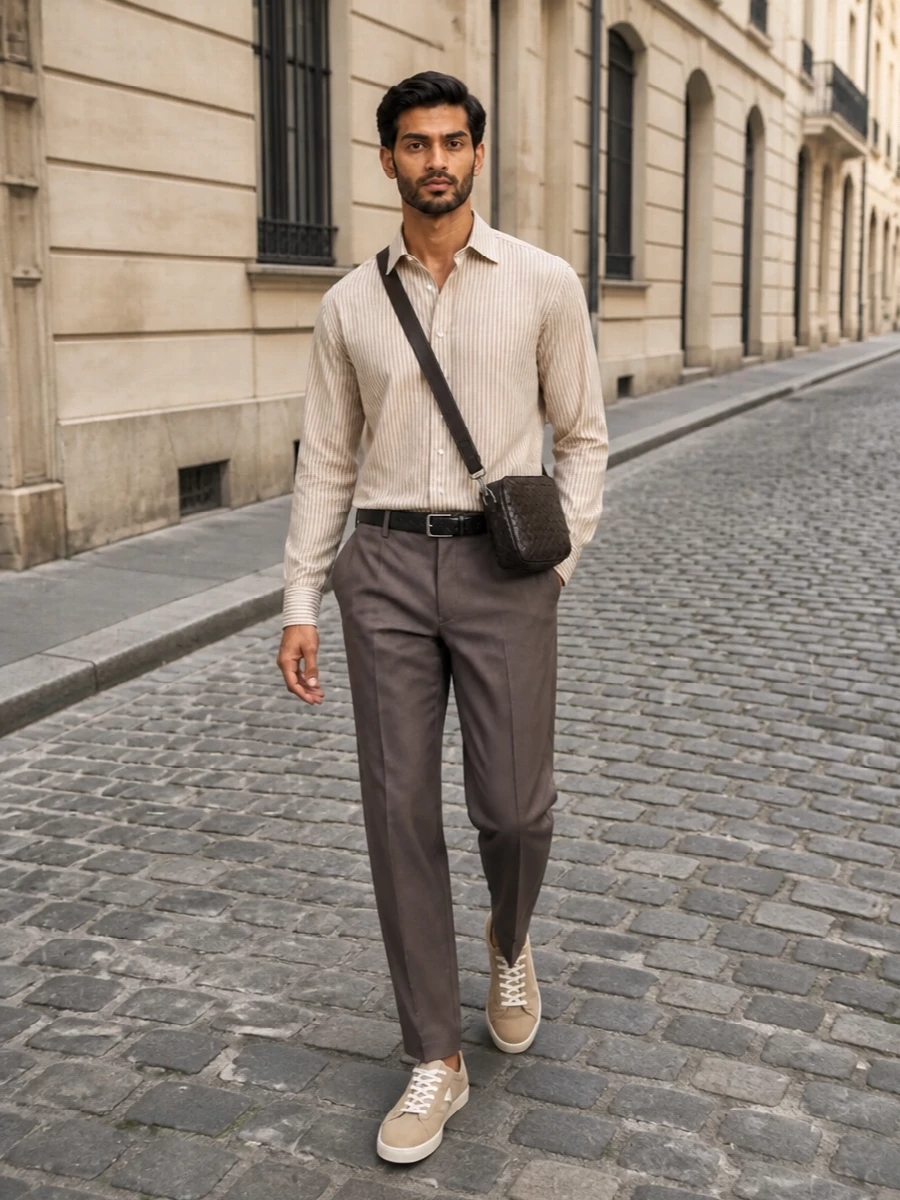 The row striped shirt zegna taupe trousers outfit
