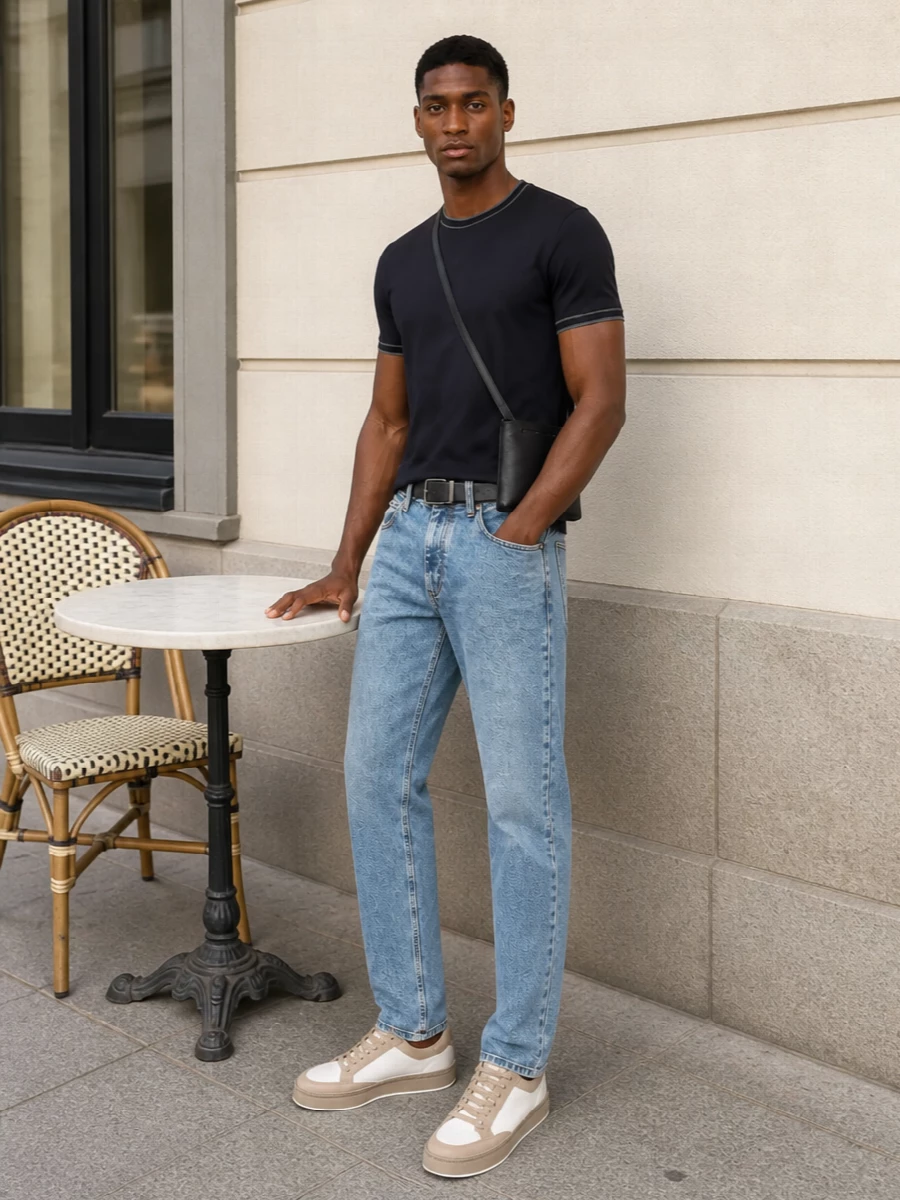 A deep navy tee sharpens the relaxed mid wash denim, landing in that sweet spot between clean city casual and low-key preppy. Off white and sand sneakers keep the palette soft and modern, while a slim leather crossbody and navy belt add just enough structure without disturbing the ease. It is an easy daily uniform that still feels distinctly Italian and considered.