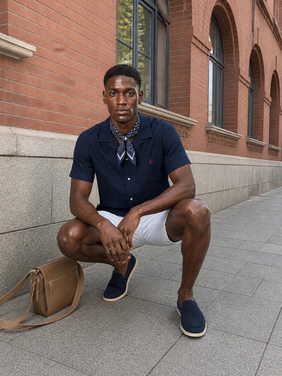 Navy and white keep this combination sharp, with the tailored camp-collar shirt and crisp chino shorts landing in that sweet spot between relaxed and refined. Suede loafers and a structured tan crossbody shift it from beach-adjacent to terrace-ready, while the silk square is there if you want a touch more intention for city evenings. It is easy, clean and distinctly preppy without feeling over-styled.