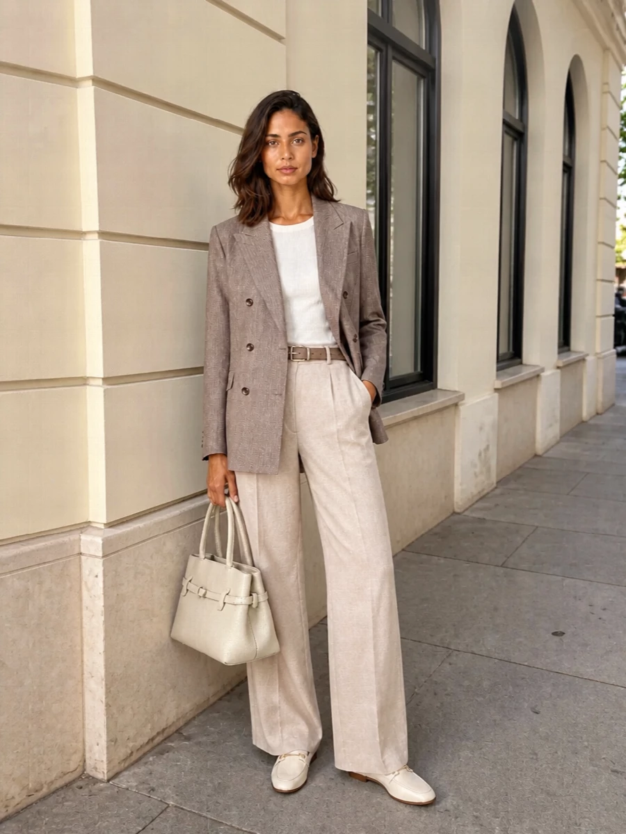Tagliatore taupe blazer beige wide leg trousers