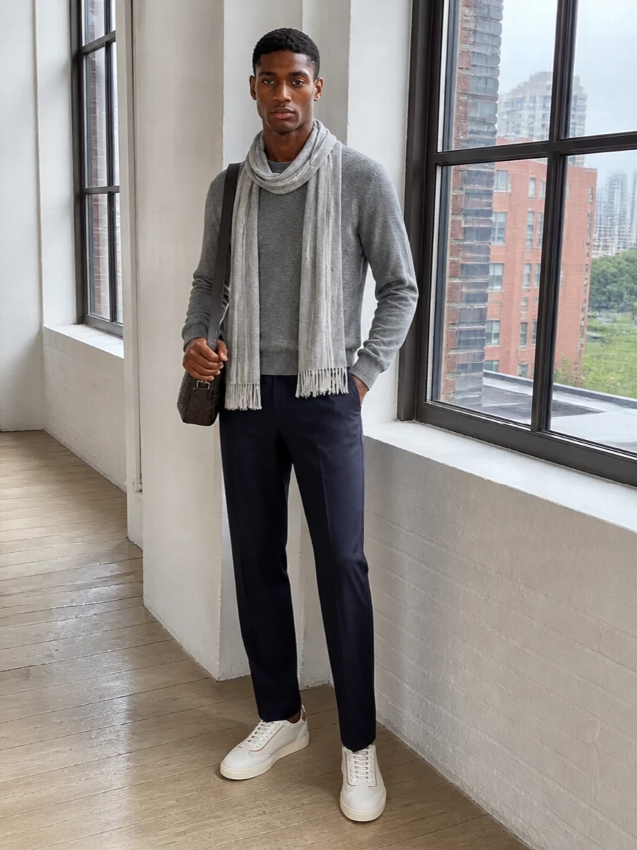 Brunello cucinelli grey sweater navy trousers outfit