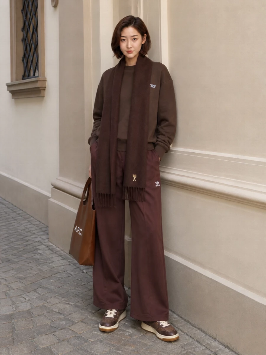 A rich chocolate head-to-toe palette turns this Autry sweatshirt into a quietly confident city uniform, grounded by wide-leg track pants and tactile brown sneakers. The slim tote and soft scarf sharpen the lines just enough so it moves from airport days to café stops without ever feeling sloppy. It is relaxed, tonal and easy to wear, with subtle logo touches keeping everything cohesive.