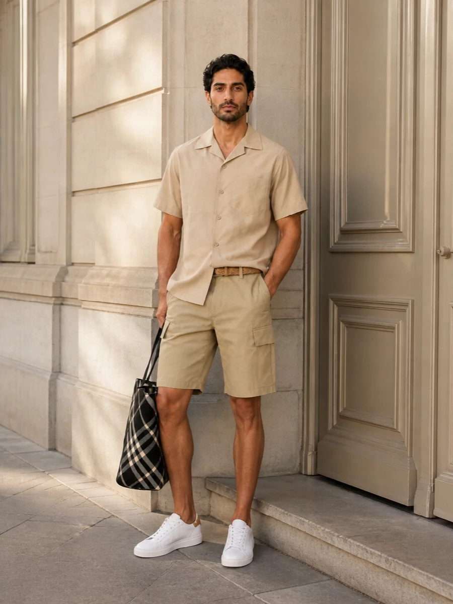 Burberry beige camp shirt cargo short outfit