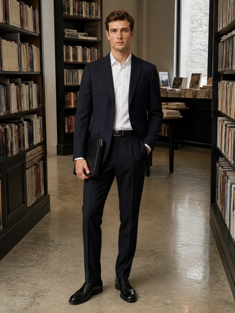 Dries van noten navy blazer black trousers outfit