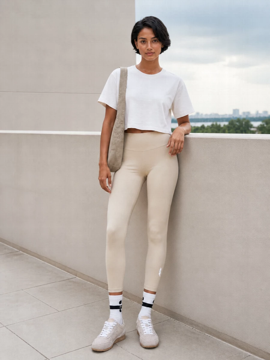 Autry beige leggings cropped tee sneakers outfit