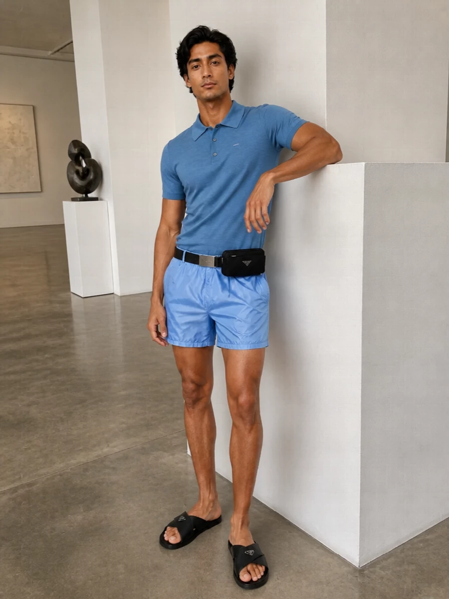 Prada blue swim shorts knit polo slides