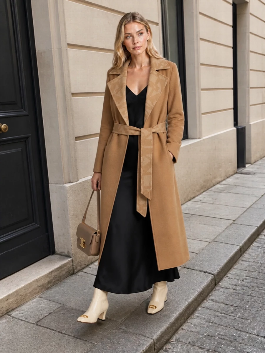 Max mara camel coat black satin slip dress outfit