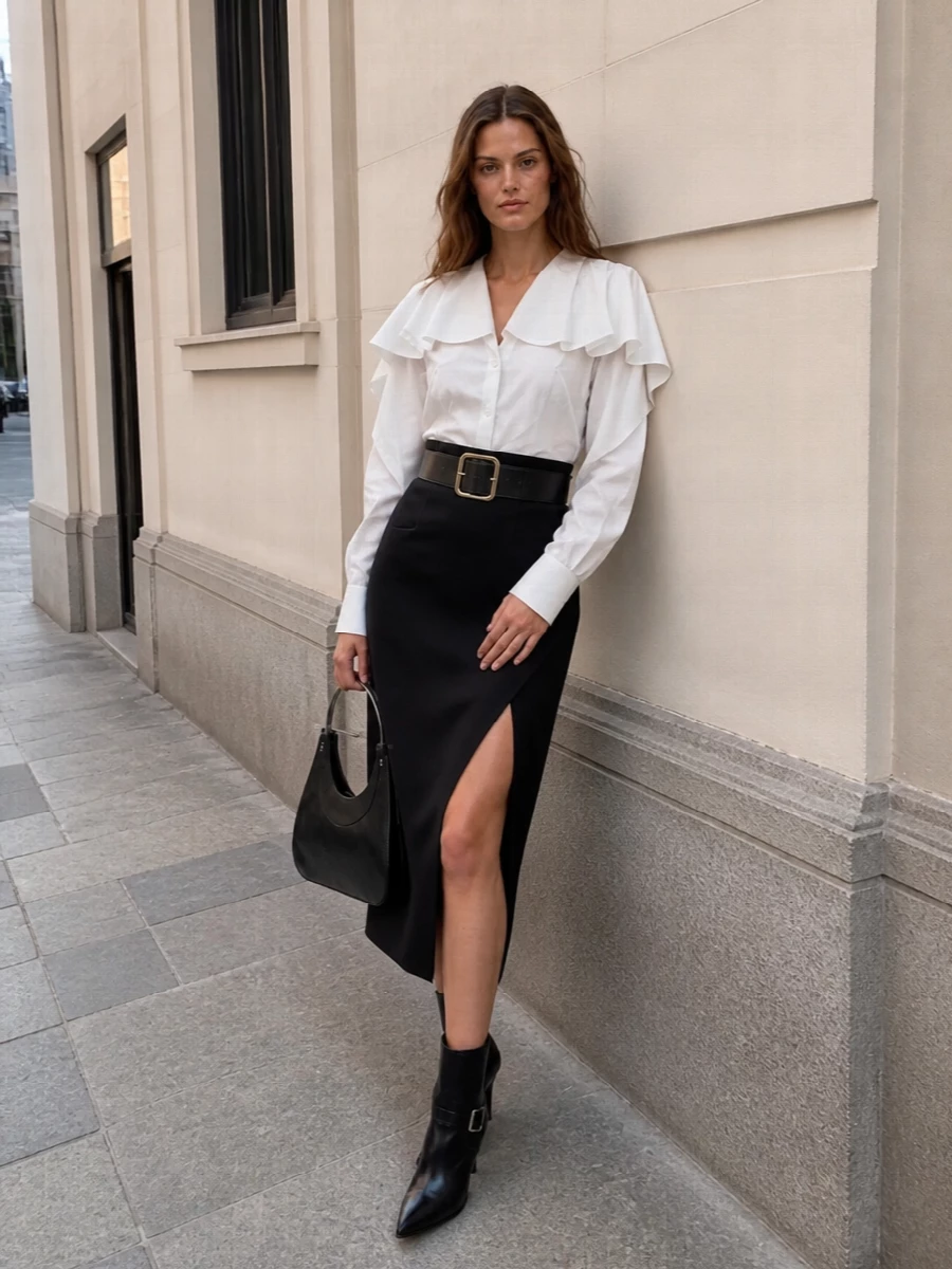Alexander mcqueen ruffle blouse black midi skirt