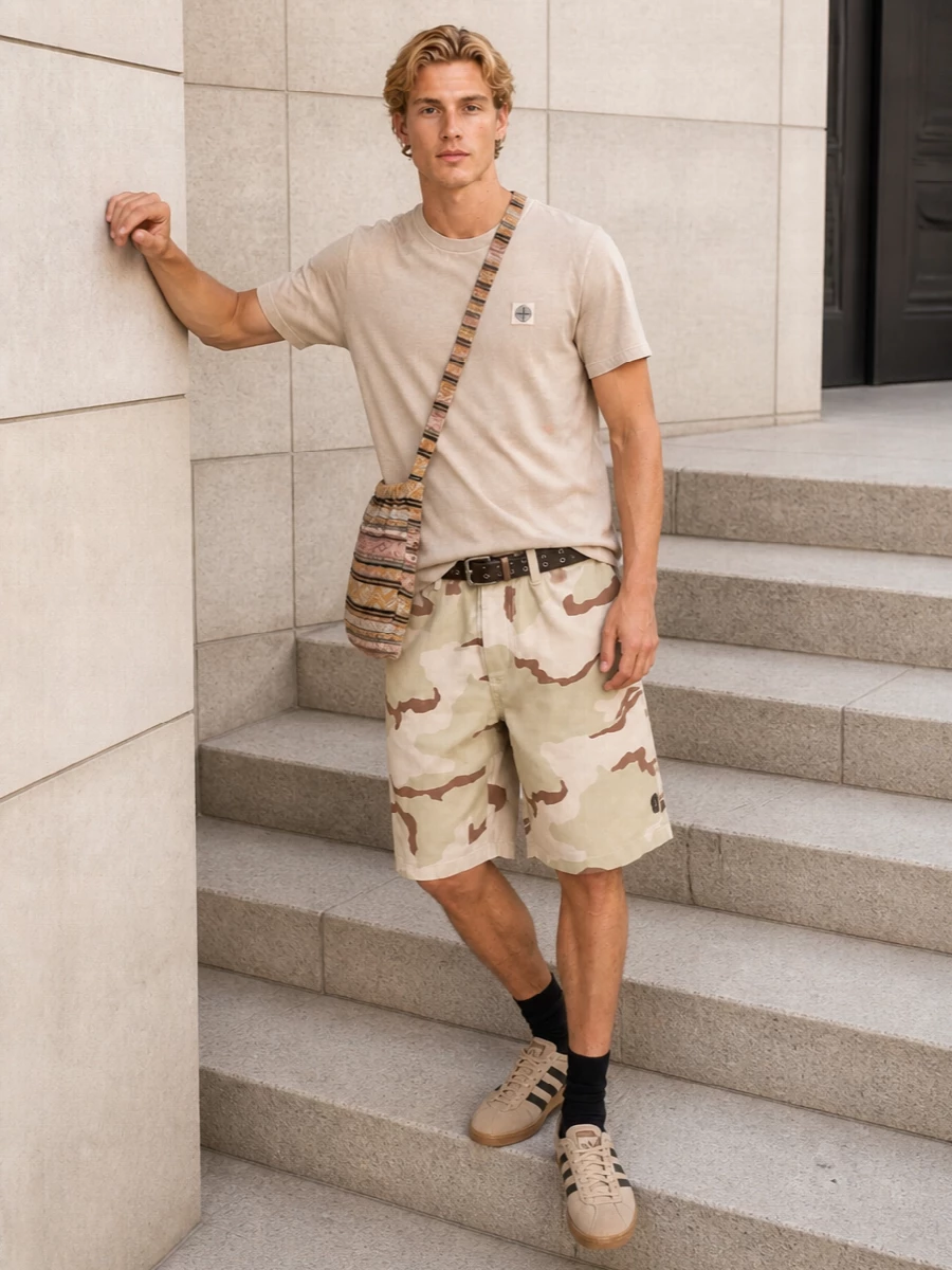 Stone island beige tee desert camo shorts outfit