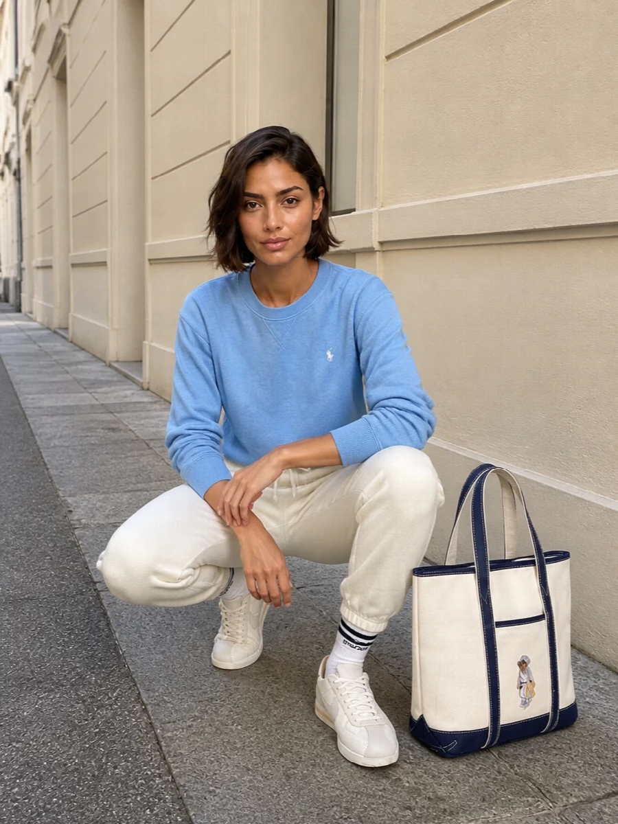 Soft ivory joggers meet a powder-blue sweatshirt for a calm, collegiate palette that feels relaxed without reading sloppy. Neutral runners and a structured canvas tote keep everything practical yet polished for travel, coffee runs or low-key weekends. The varsity-stripe socks tie the colours together in a small but intentional detail.