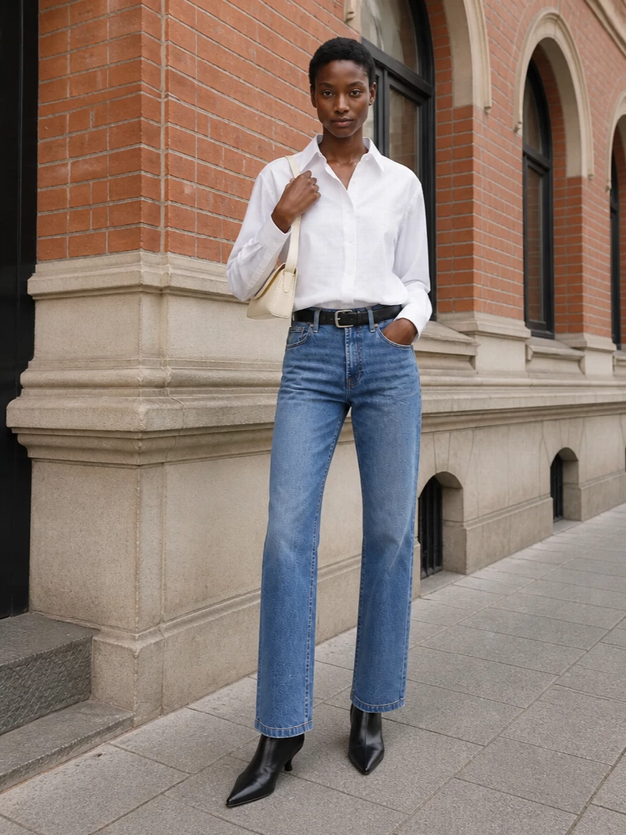 Mid-blue straight denim meets a sharply cut white shirt for a clean, grown-up take on casual. A black belt and pointed kitten-heel boots define the line, while the buttercream shoulder bag softens the contrast with a subtle neutral note. It is relaxed enough for daytime but precise enough for low-key dinners and city evenings.