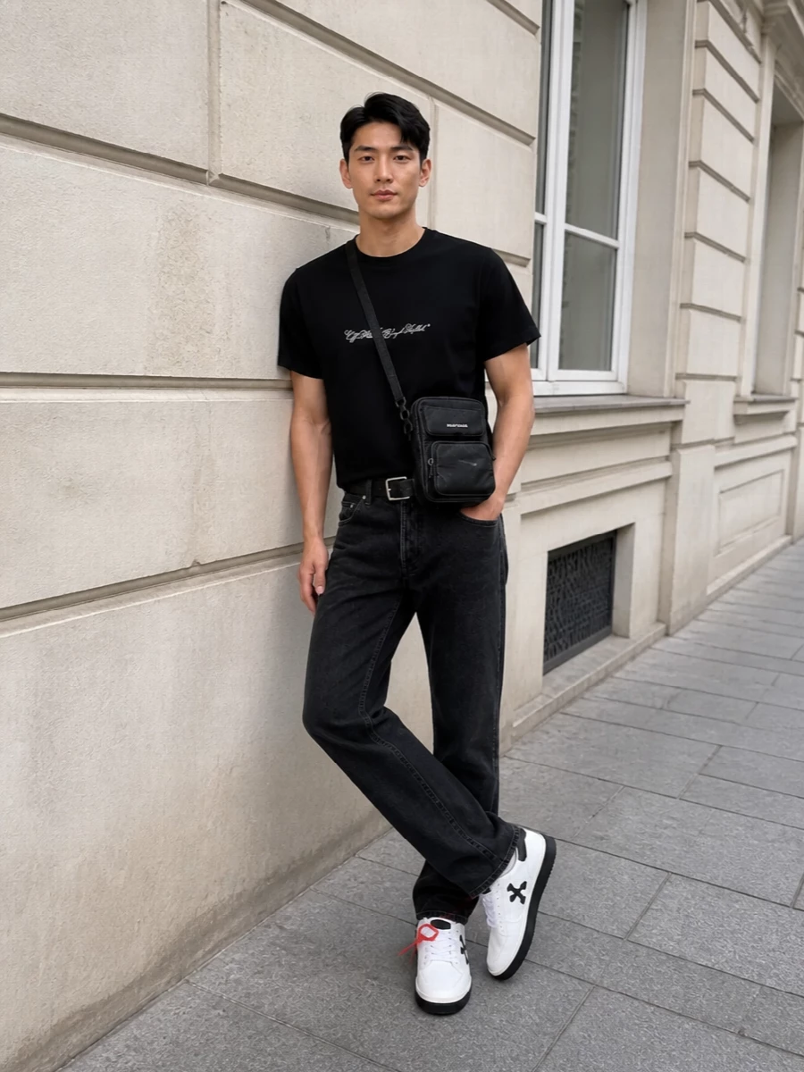 Off white black t shirt jeans streetwear outfit